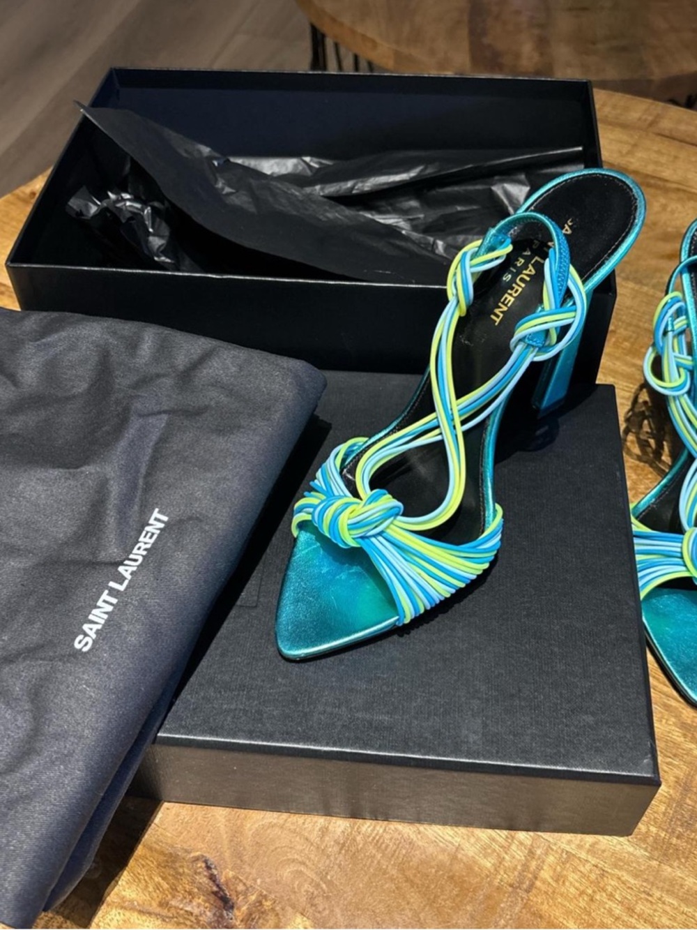 Yves Saint Laurent Turquoise Multicolor Knot-Strap Heels - Picture 2 of 4